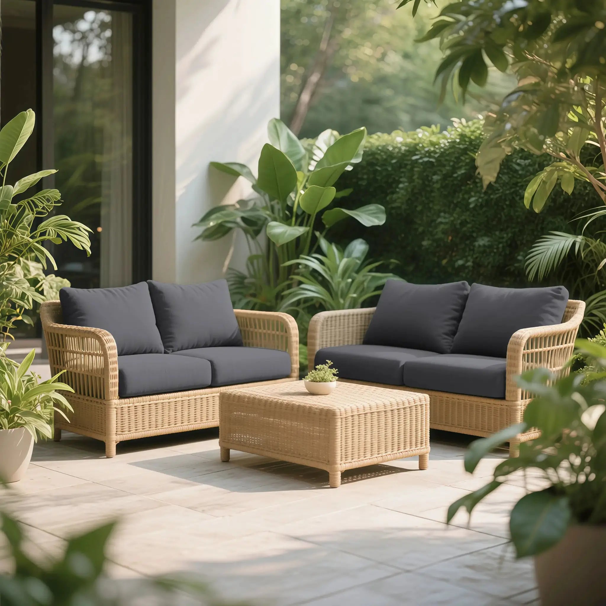 Three-piece outdoor wicker sofa set with dark gray cushions on a sunlit patio amid greenery.
