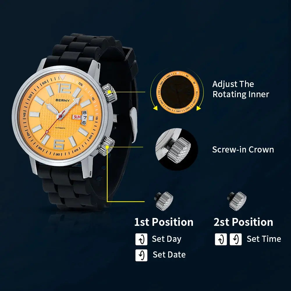 BERNY 20ATM diver automatic watch for men with orange dial, stainless steel case and black rubber strap