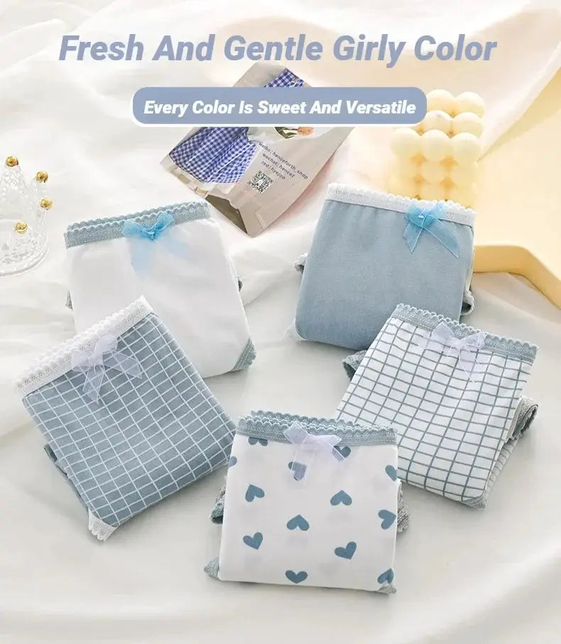 5-pack women's soft briefs by Simples Market in blue/white heart and plaid prints with lace trim