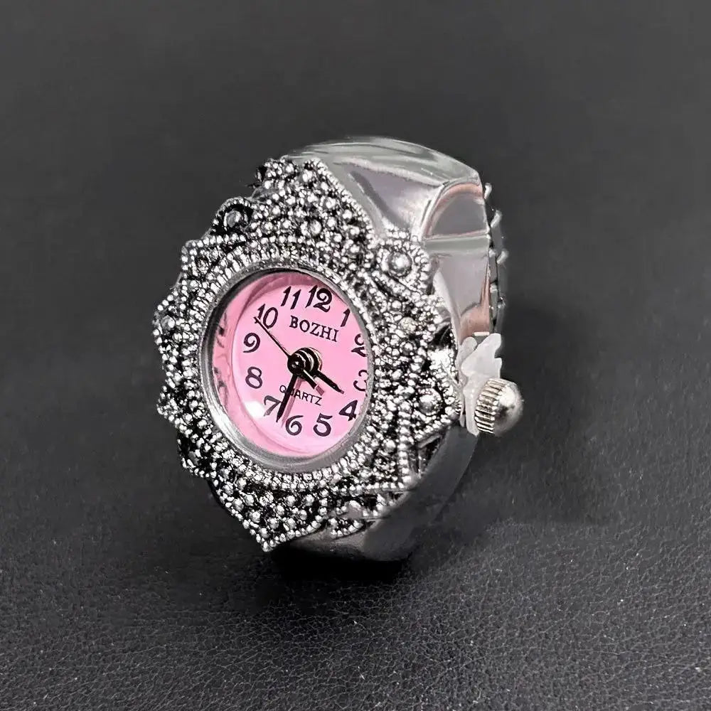 RetroPulse Heart Ring Watch With Adjustable Elastic Strap For Finger Sizes And Vintage Punk Roman Quartz Movement