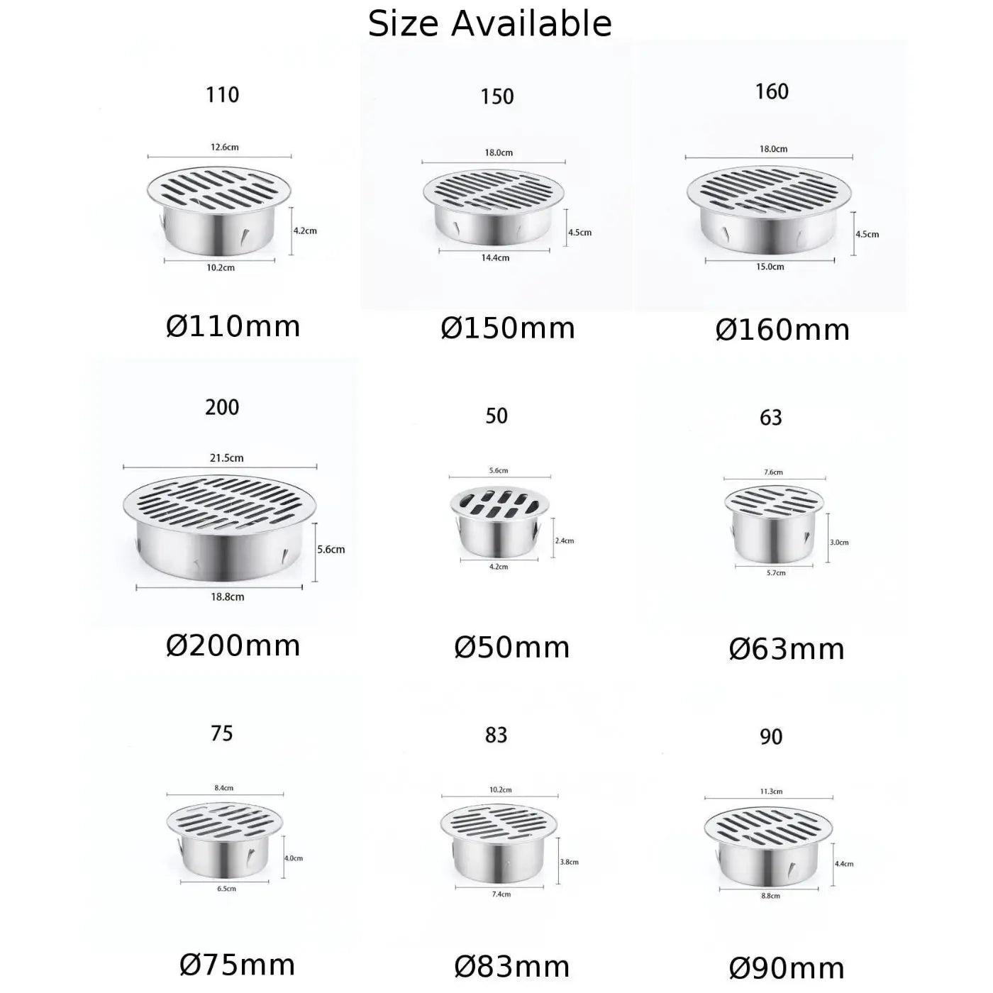 Stainless steel round floor drain strainer with anti-blocking design; nine sizes Ø50–Ø200mm by Simples Market.
