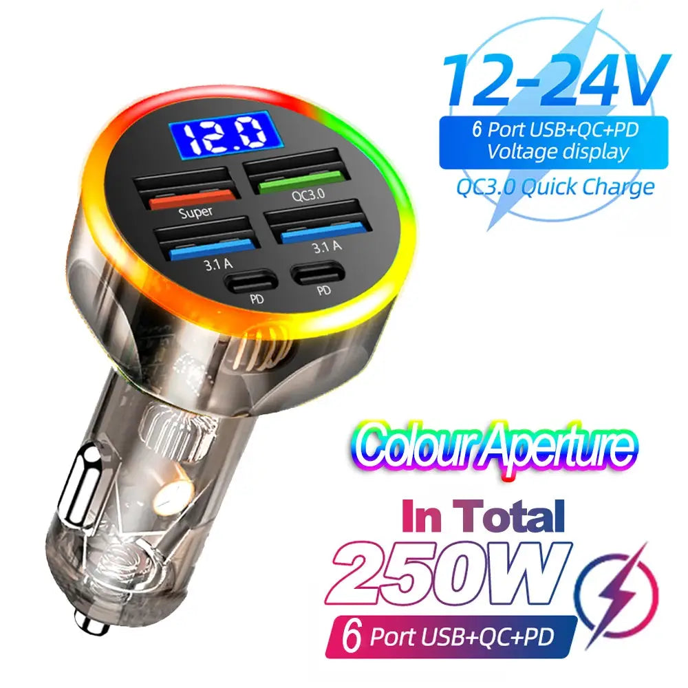 66-250W PD Car Charger QC3.0 Fast Charge One To Six Car Cigarette Lighter Plugs With Digital Display