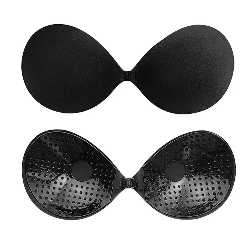 Simples Market strapless adhesive silicone bra, black, seamless dual-cup push-up bralette
