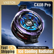 CX08 Pro ice cooling radiator for smartphones with magnetic back clip; purple and black gaming phone cooler
