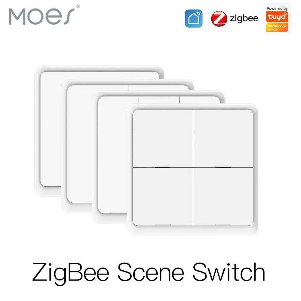 MOES 4-gang ZigBee scene switch, white battery-powered touch panel, Tuya compatible