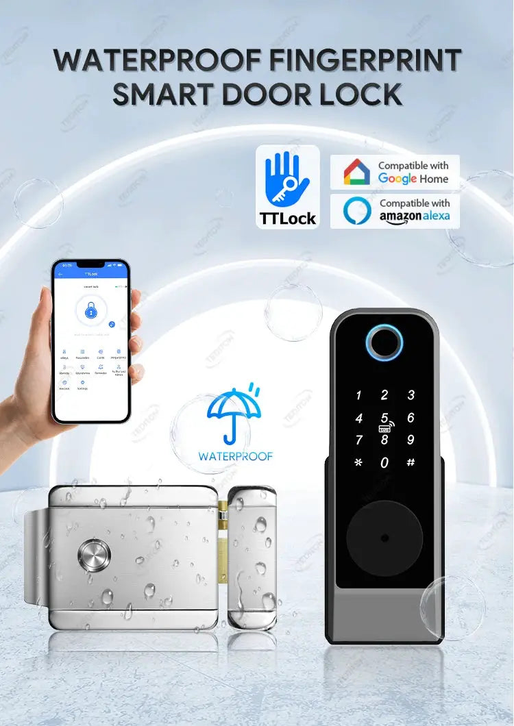 Fingerprint waterproof smart door lock by TTLock with keypad, Bluetooth, Tuya WiFi app, Google Home/Alexa compatible