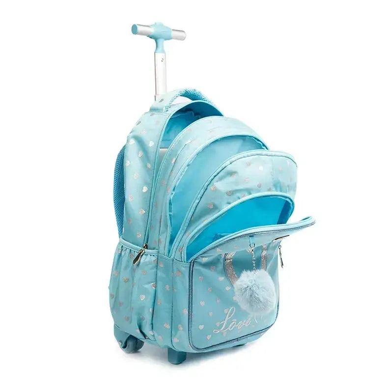 Simples Market children's wheeled school backpack in light blue with pull handle and fluffy pom-pom
