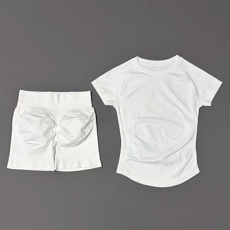 Histello 2 Piece Seamless Yoga Set Women Short Sleeve Top Leggings