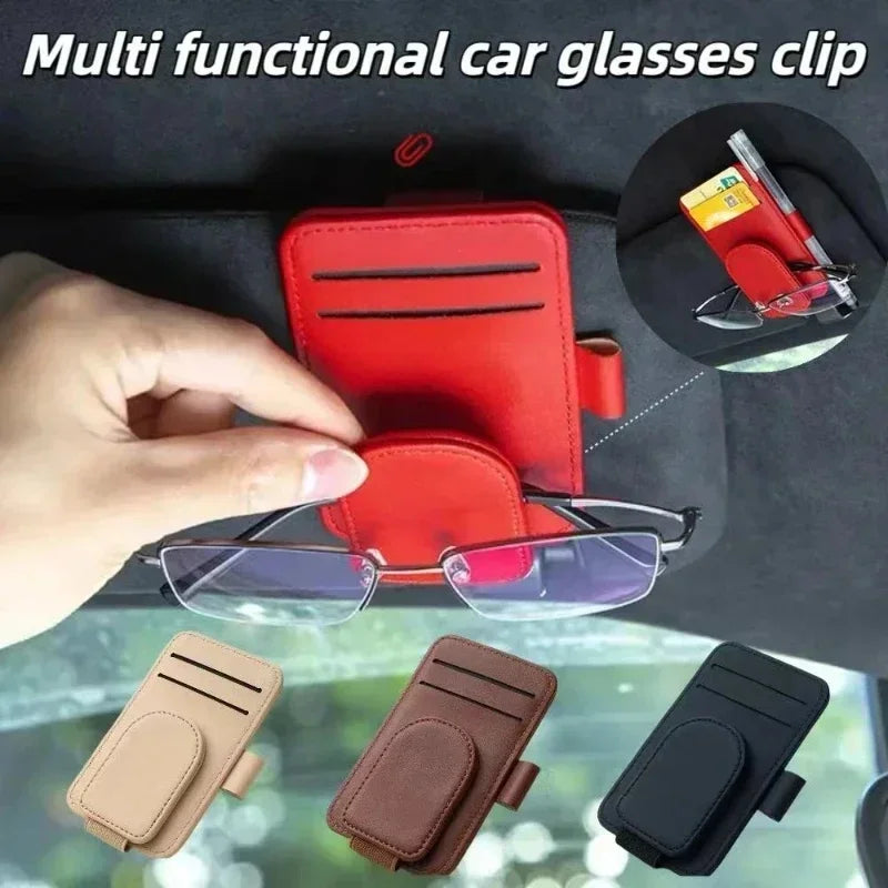 Leather car sun visor sunglasses holder with magnetic clip and card slot; red version in a 4-color set beige, brown, black.