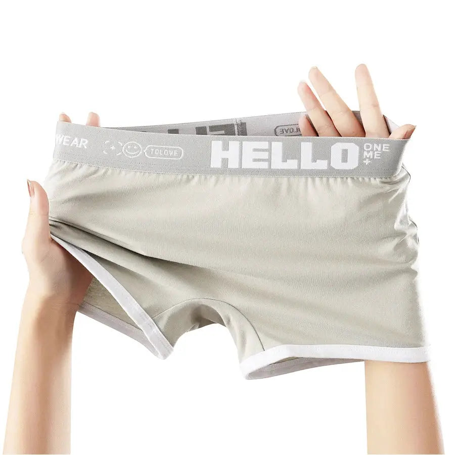 Gray women's cotton boyshorts with white trim and branded Hello waistband