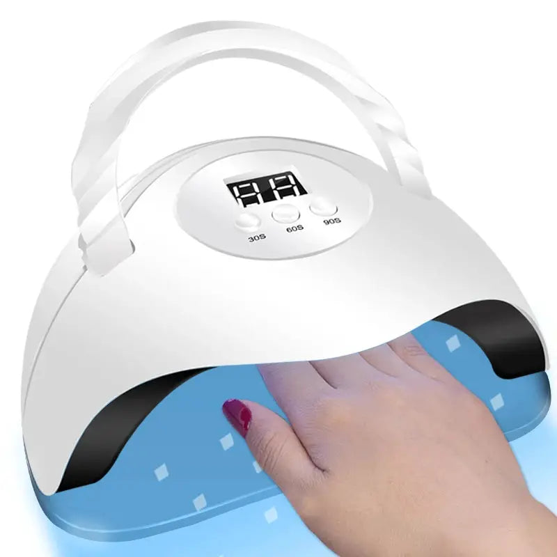 Simples Market professional gel nail polish kit with white UV LED nail dryer, hand under the lamp