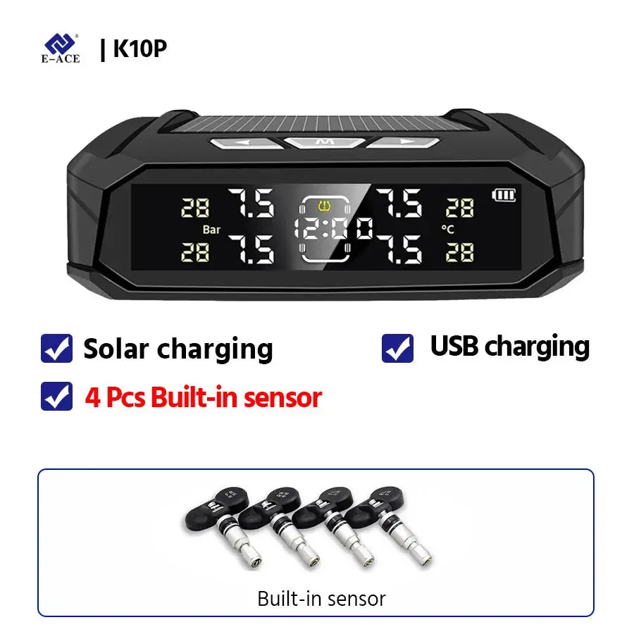 E-ACE car TPMS smart display by Simples Market with 4 built-in sensors, solar and USB charging, black