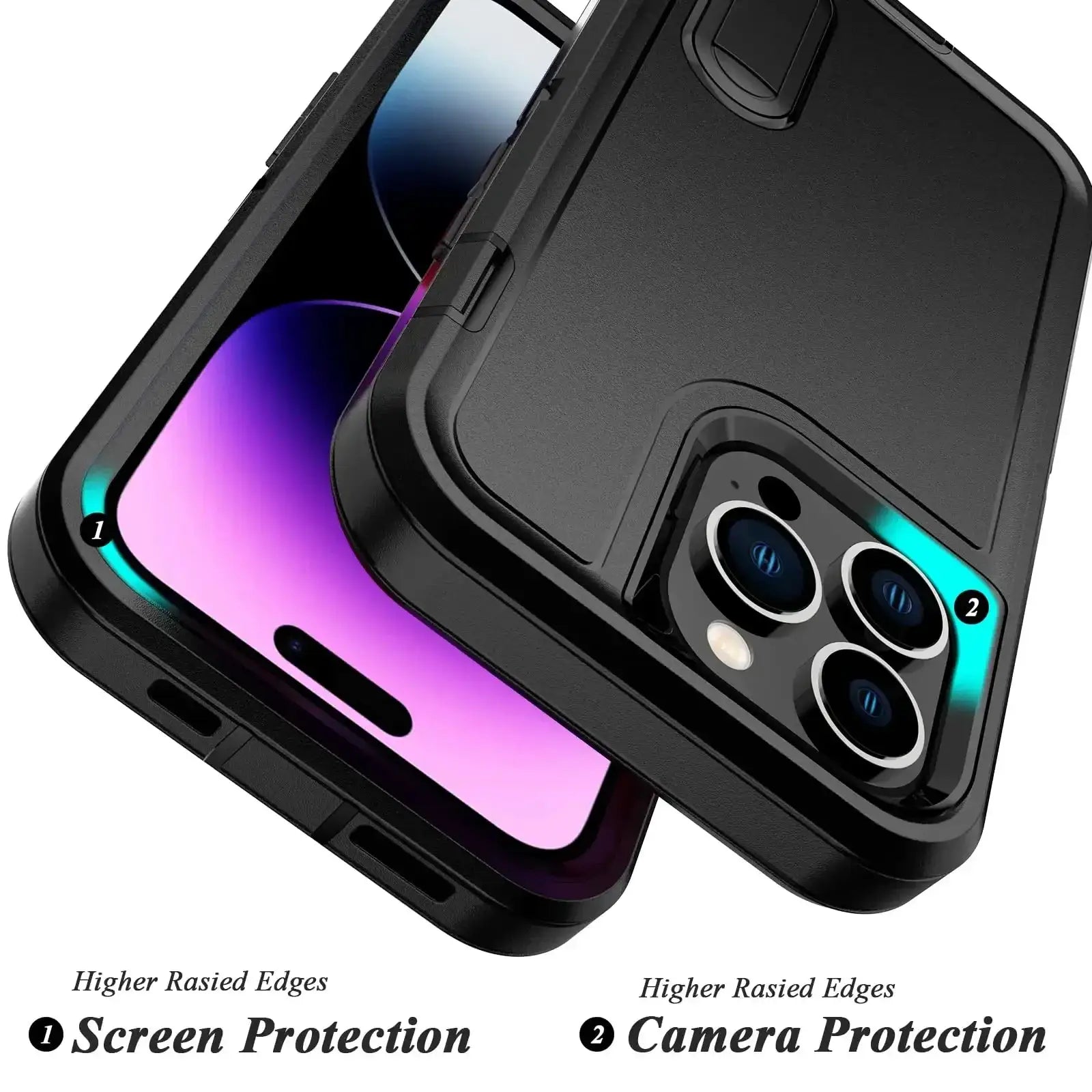 Rugged black iPhone case with kickstand; heavy-duty shockproof and anti-scratch protection
