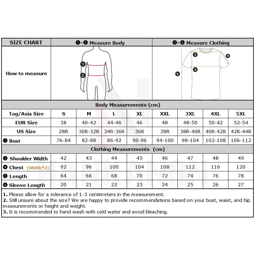 Men's polo shirt size chart with body and clothing measurements (Bust, Chest, Shoulder, Length, Sleeve) for sizes S–5XL