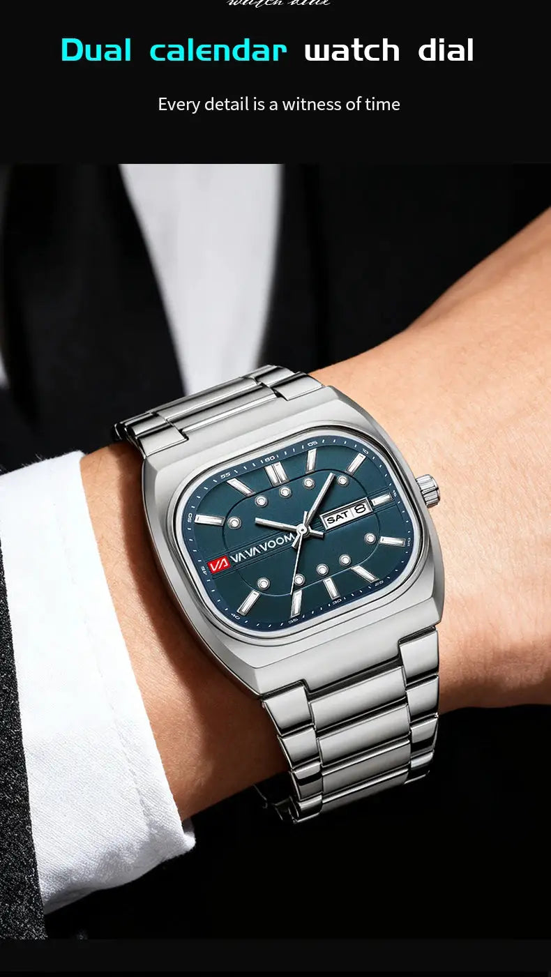 Men's 40mm square quartz dive watch with blue dial, dual calendar, stainless steel bracelet