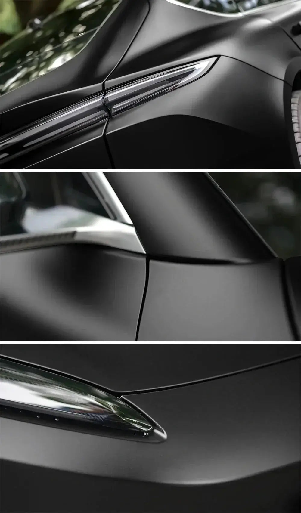 2D-9D carbon fiber wrap vinyl for cars in glossy matte black finish on exterior panels.