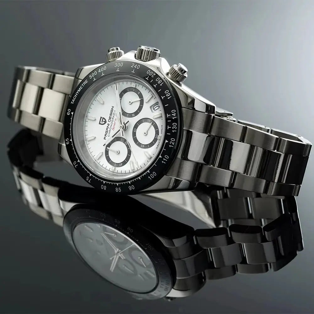 PAGANI DESIGN PD1644 VK63 men's quartz chronograph watch with sapphire glass, stainless steel bracelet, 100m water resistant