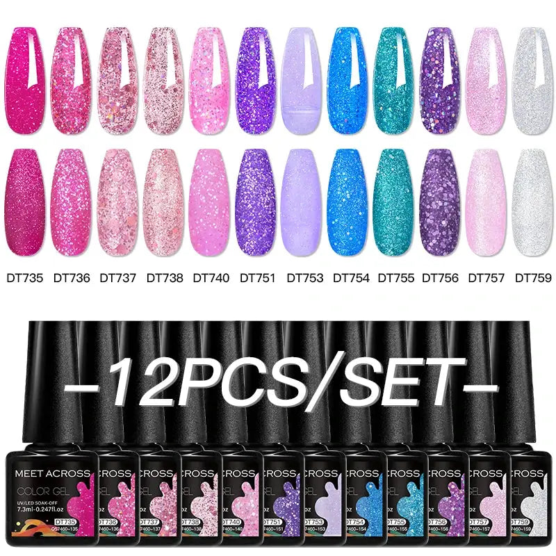 MEET ACROSS 12-piece glitter gel nail polish set by Simples Market in pink to blue pastel glitter shades