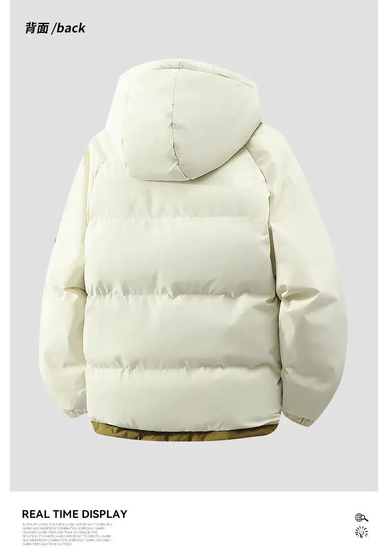 Men's hooded puffer jacket, cream color, loose fit windproof winter coat