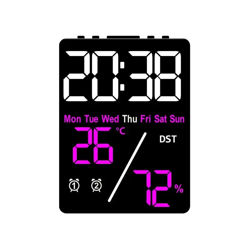 Black large-screen digital alarm clock with humidity display and adjustable brightness for desktop home office.