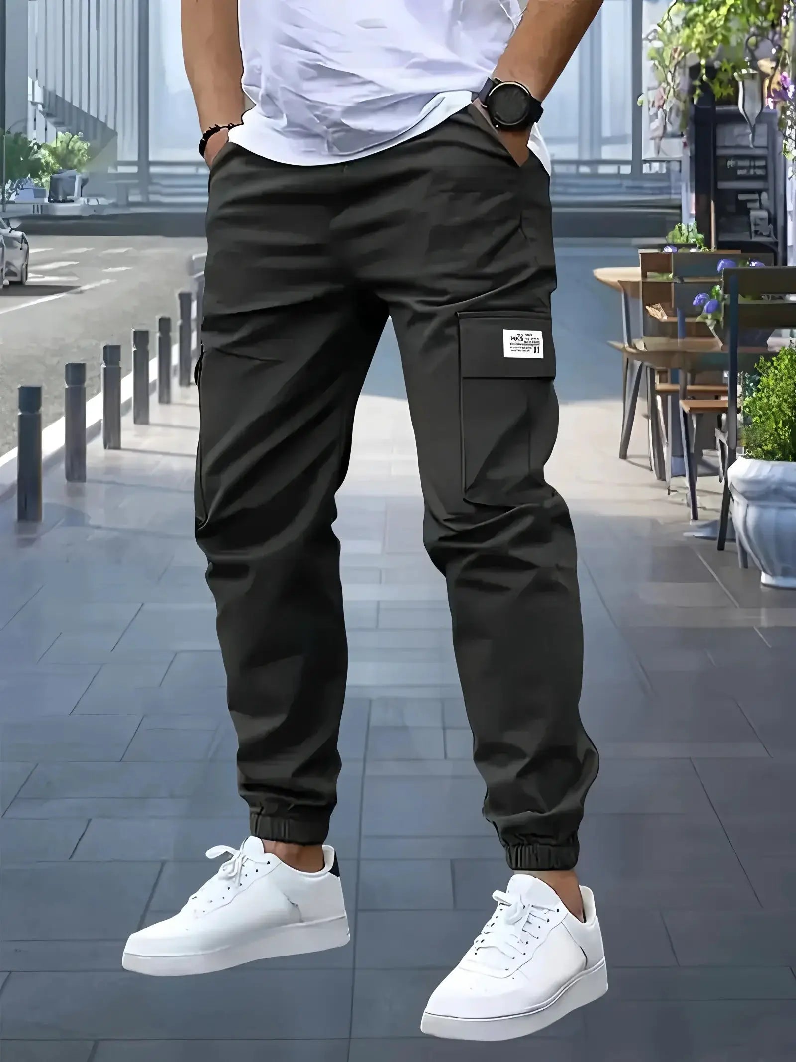 Men's cargo pants sweatpants in black with large side cargo pocket and elastic cuffs, Simples Market