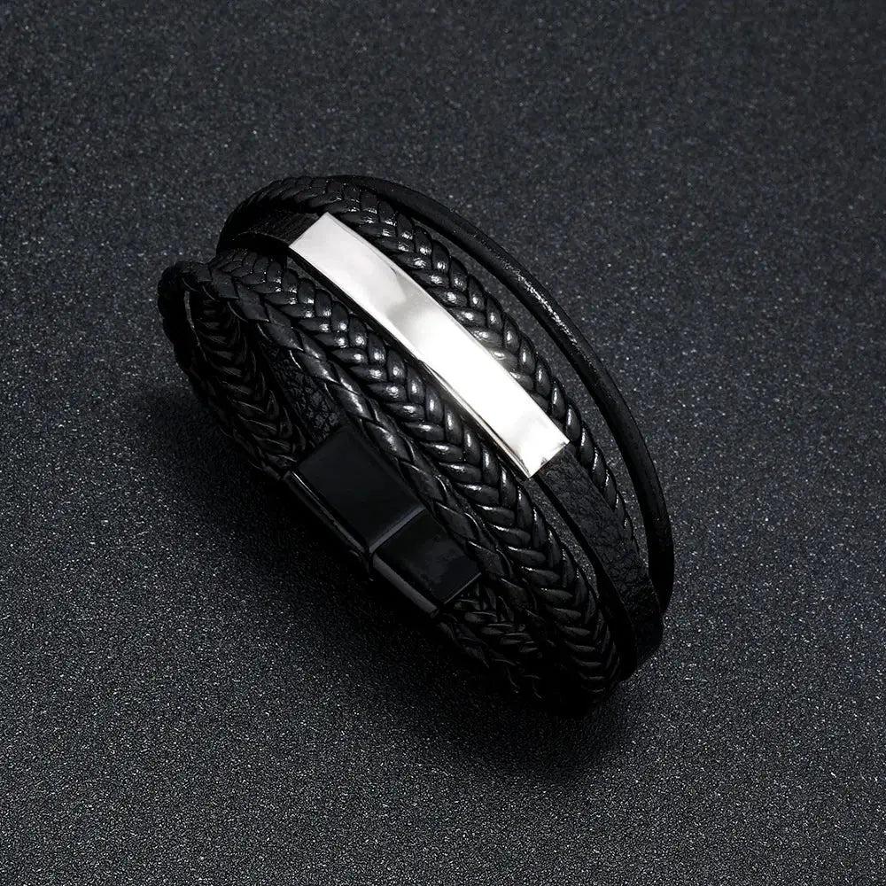 Vintage Multilayer Braided Leather Bracelet For Men Stainless Steel Rope Design Jewelry Gift