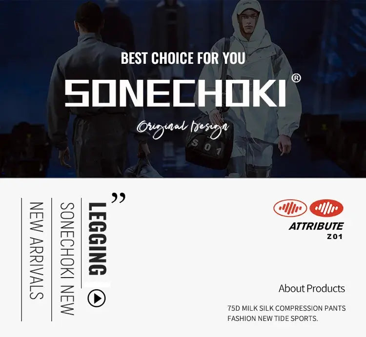 SONECHOKI compression pants banner featuring brand logo, new arrivals, and original design text