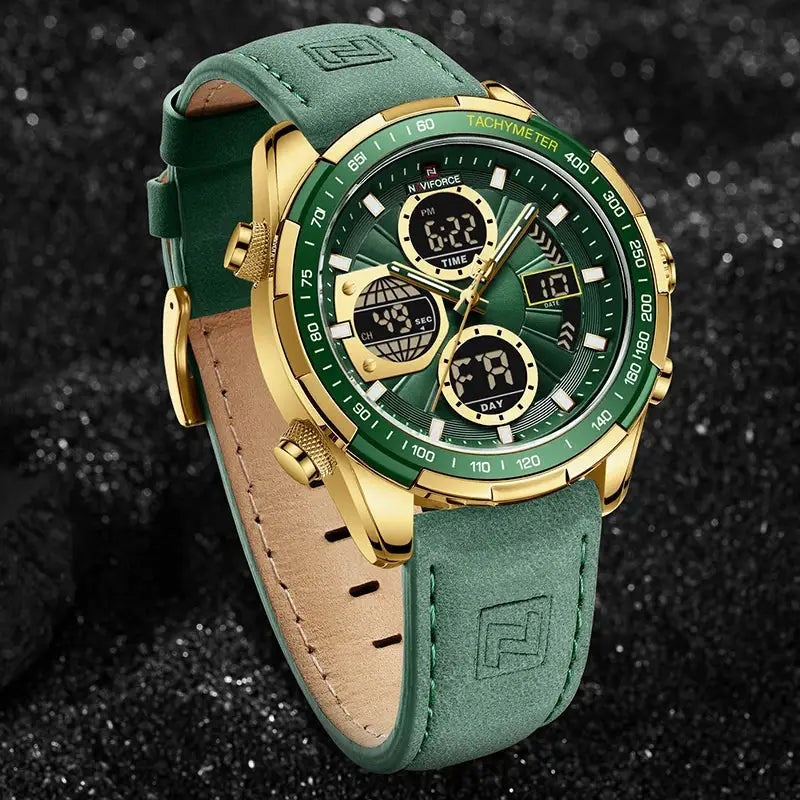 NAVIFORCE men's chronograph watch with green dial, gold-tone case and green leather strap
