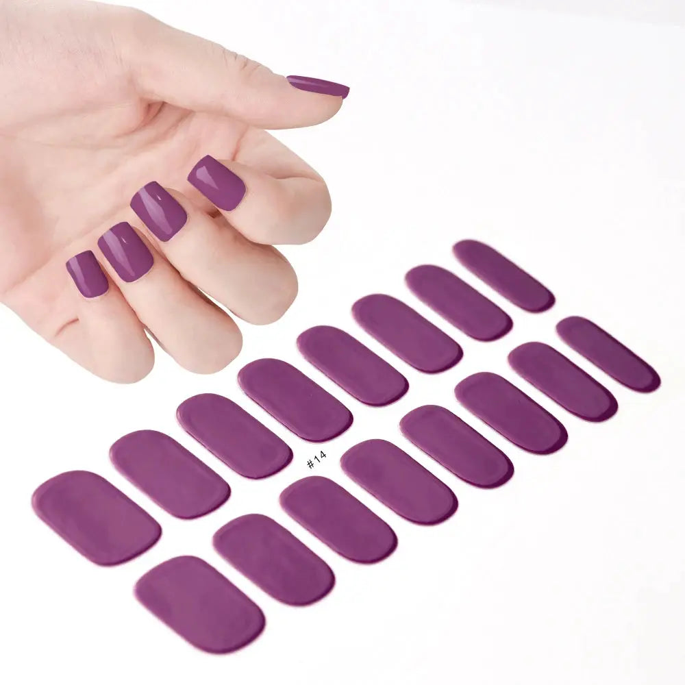 Purple full-cover nail stickers, 16-tip sheet of oval gel-wrap decals for long-lasting manicure