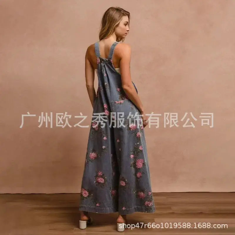 Denim floral-print sleeveless jumpsuit for women with wide-leg pants, back view