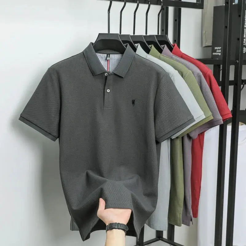 8 polo shirts in assorted colors; dark gray short-sleeve polo with pony embroidery, 100% cotton
