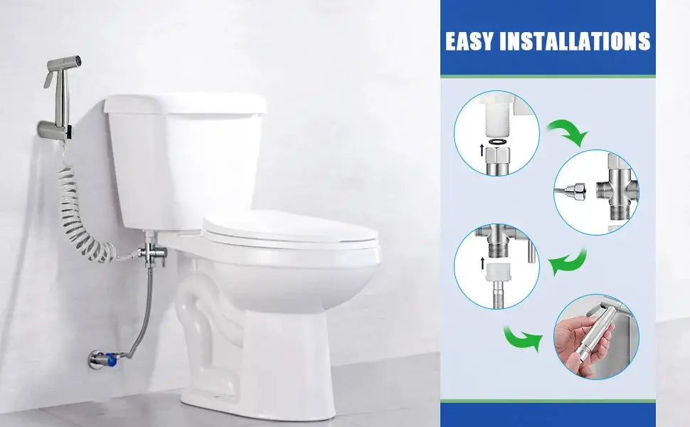 Simples Market handheld bidet sprayer kit with stainless steel spray gun and 3-way valve installed beside a toilet