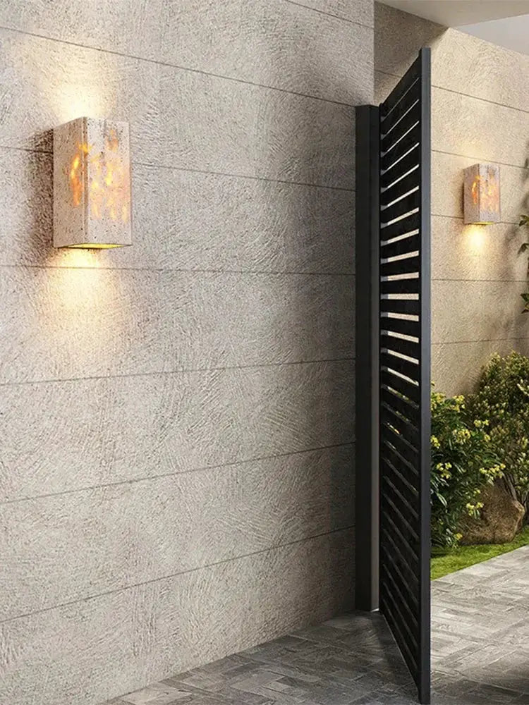 Wabi Sabi yellow marble LED wall lamp pair for bedroom or living room, travertine-style wall lights with warm glow