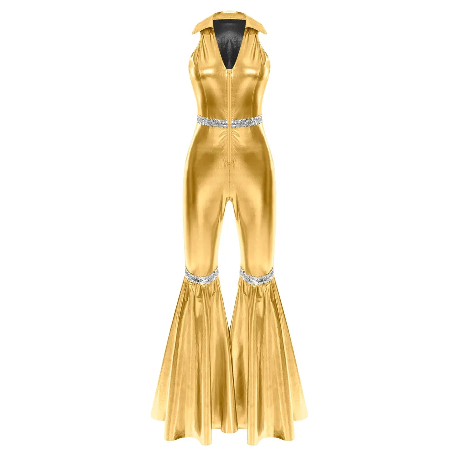 Gold metallic disco romper jumpsuit with V-neck, sleeveless front-zip, sequined belt and bell-bottoms Simples Market