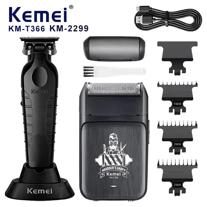 Kemei black 2-in-1 hair clipper set with cordless trimmer, charging dock, USB cable, brush, and three guard combs (1–3mm)