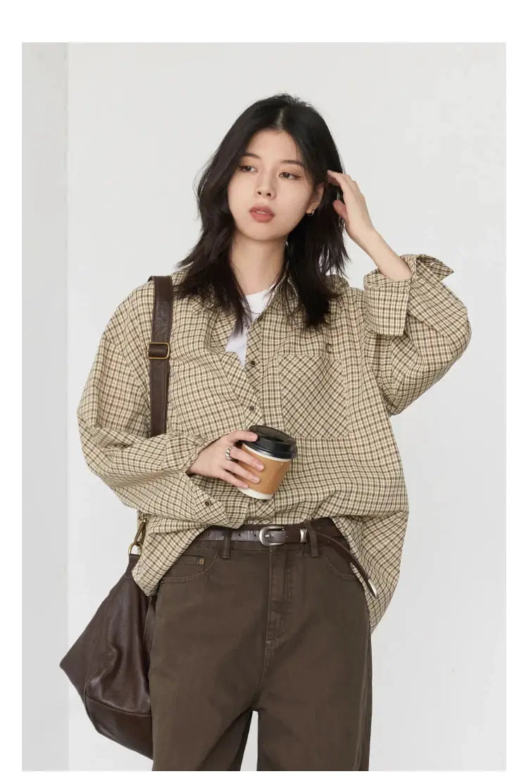 CHIC VEN women's loose beige plaid shirt, single-breasted casual top, paired with brown pants and bag