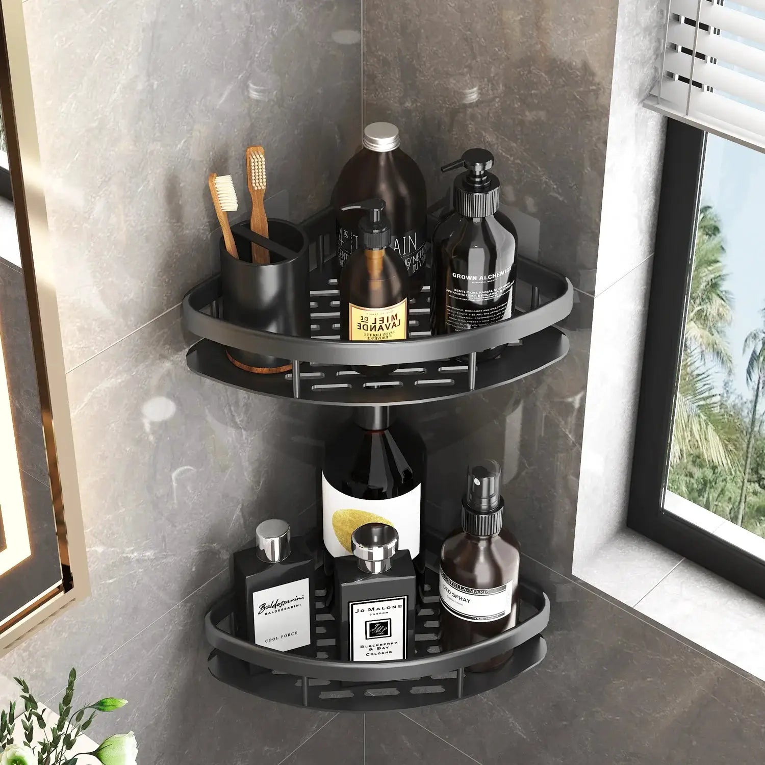 Simples Market bathroom corner shelf organizer, three-tier wall-mount shower rack with bottles and toiletries