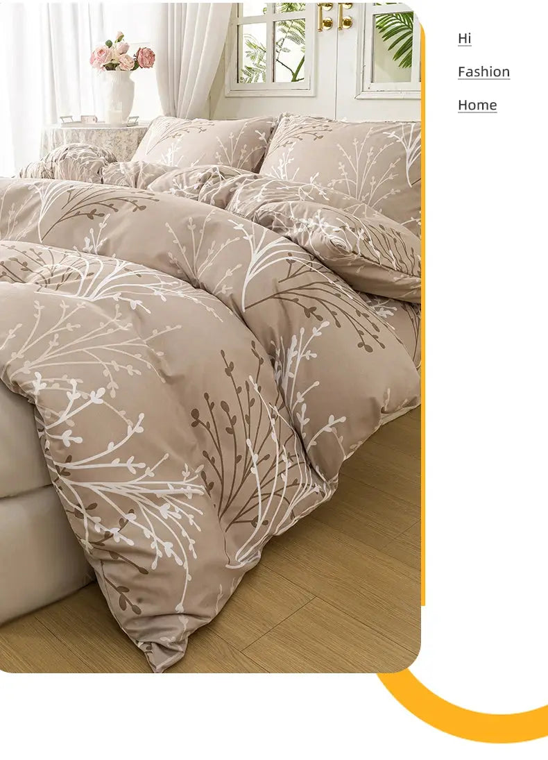 Beige leaf-floral duvet cover set (3pc) with 2 pillowcases; soft, skin-friendly.