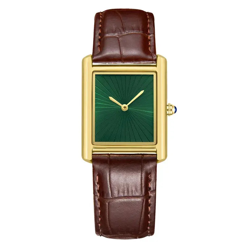Classic square watch by Simples Market with gold-tone case, green dial, brown leather strap, two-hand quartz
