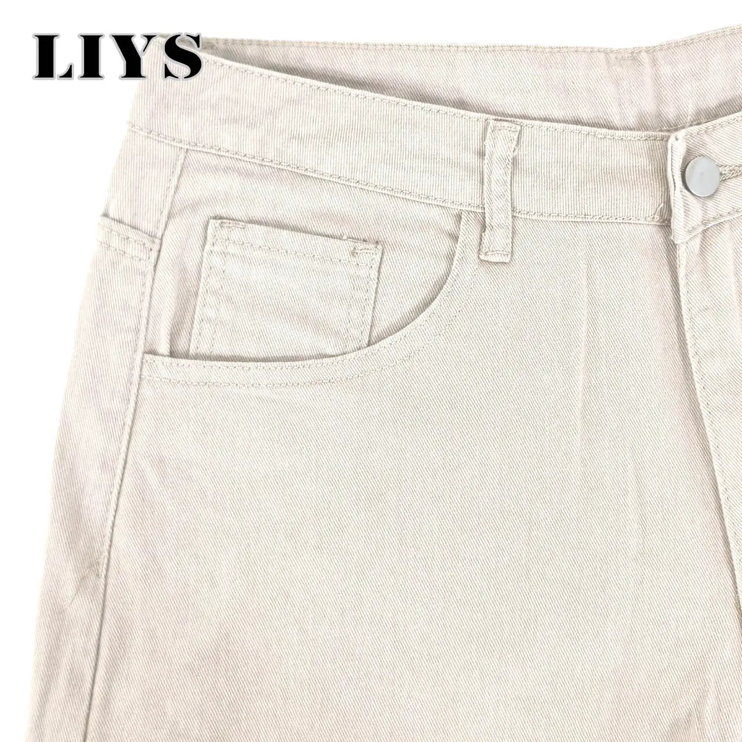 LIYS men's beige denim jeans, loose wide-leg high-waisted streetwear pants by Simples Market
