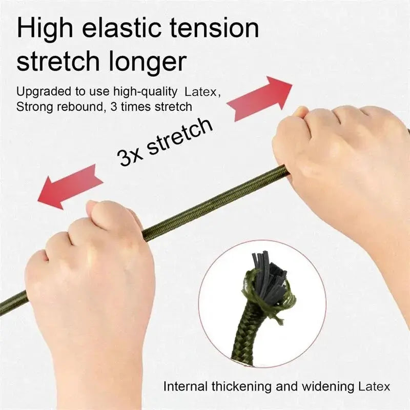Green heavy-duty bungee cord with latex core, 3x stretch, being stretched by hands
