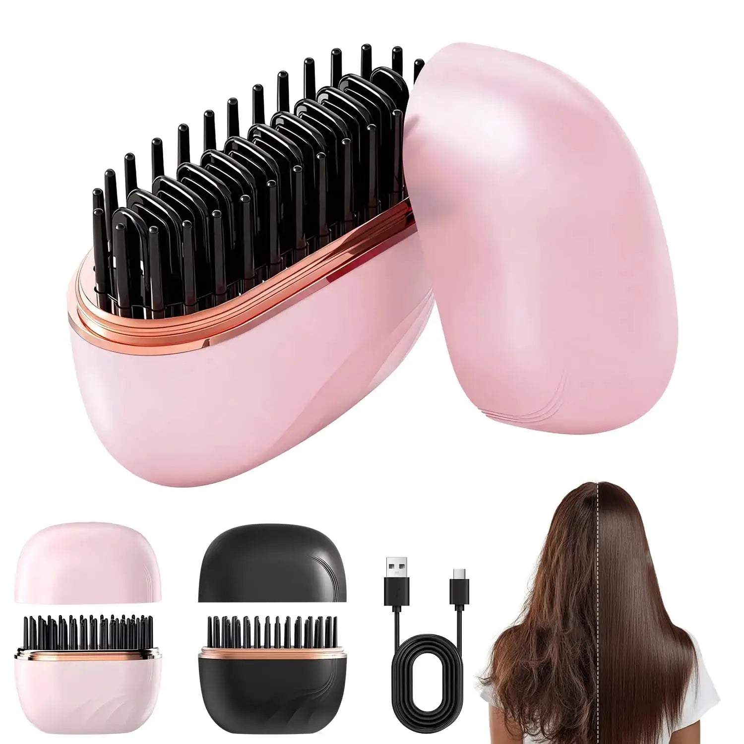 Two mini cordless hair straightener brushes in pink and black, USB rechargeable, Simples Market