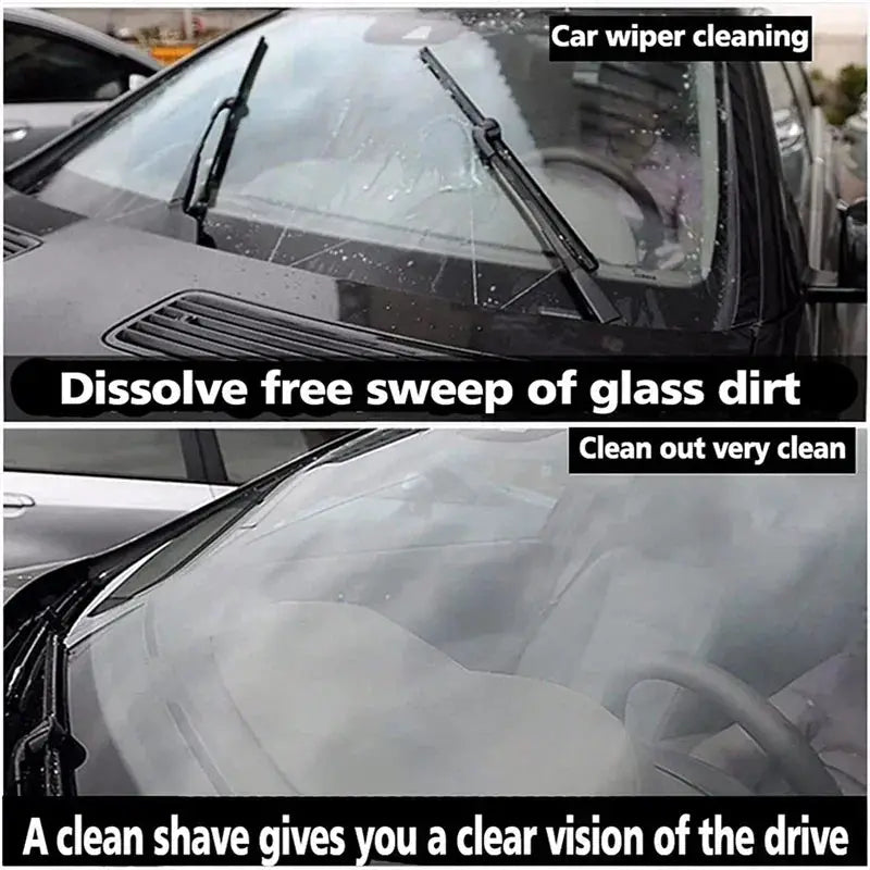 Simples Market car windshield cleaner tablets; universal auto glass cleaner shown on dirty vs clean windshields.