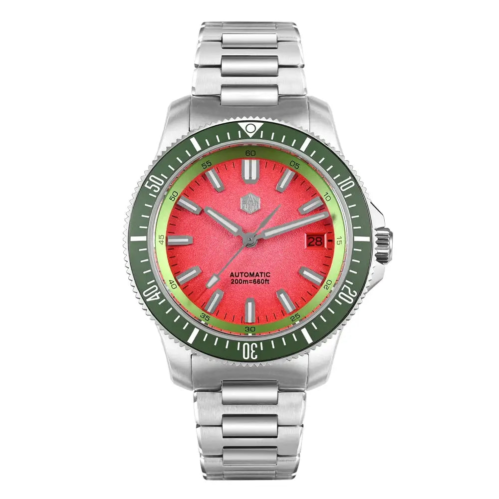 San Martin 40mm dive watch for men with red dial, green bezel, stainless steel bracelet, automatic, 200m water resistant