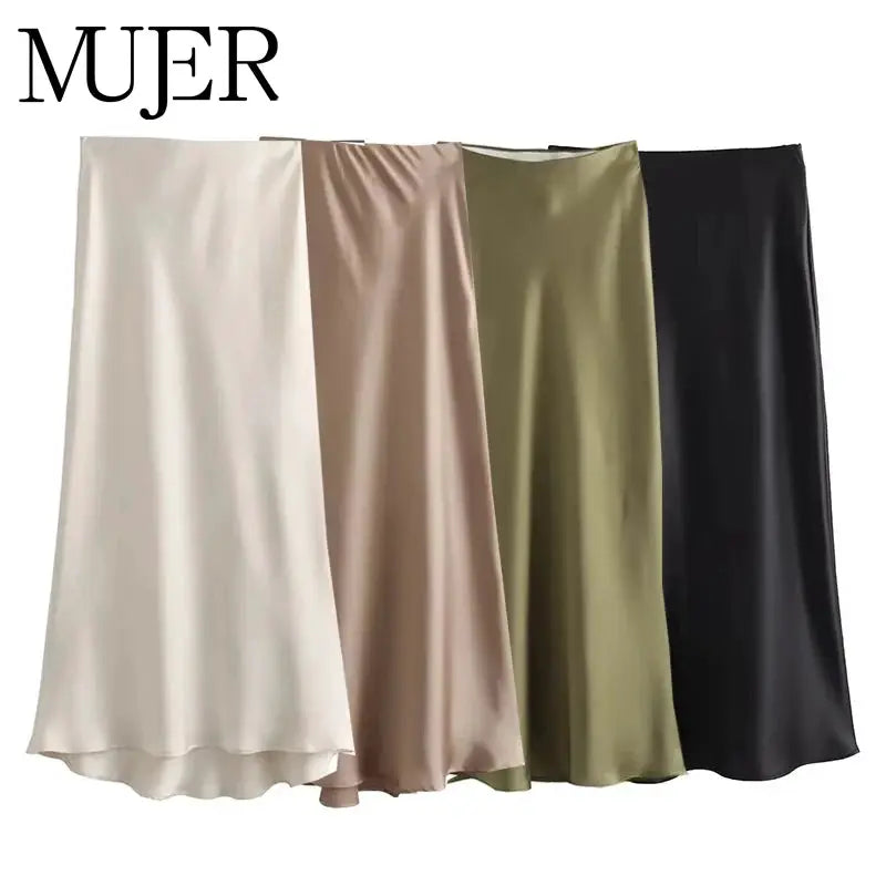 Mujer Satin High Waist Midi Skirt For Office Wear And Summer Essential For Women