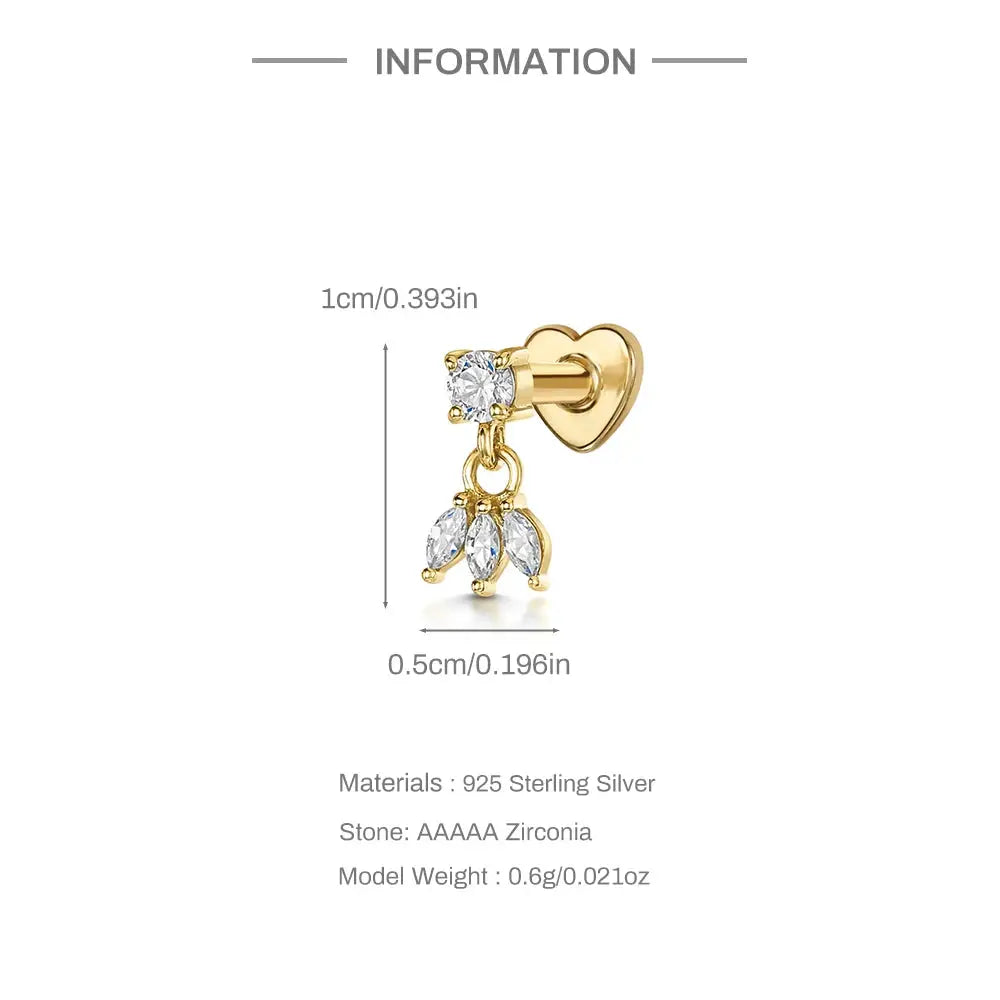 Simples Market AIDE gold-tone helix stud with zircon top and three leaf-shaped zircon charms, 1 cm tall