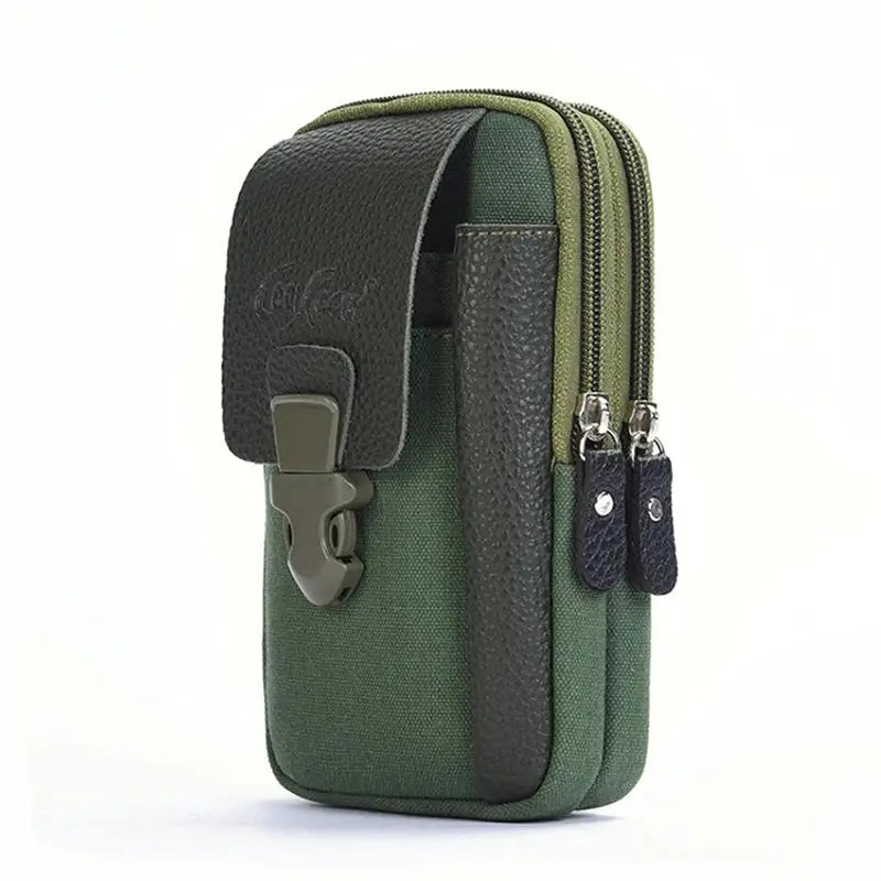 Men's green canvas waist bag with black top flap and dual zipper pockets