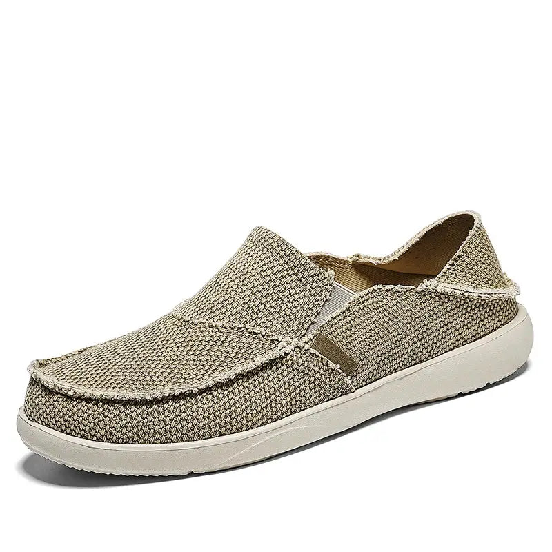 Men's beige woven canvas slip-on casual loafer with light sole