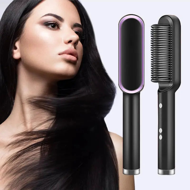 Two-piece hair straightener comb and curling brush set with black handles and pink trim