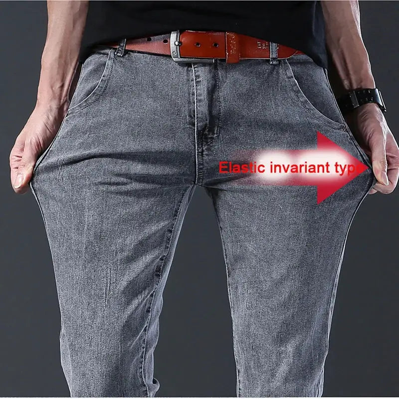 Men's slim-fit elastic gray denim jeans, mid-waist casual Korean-style straight leg